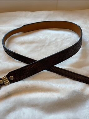 Women's Dark Brown Tooled Leather Belt with German Silver Buckle Genuine Leather